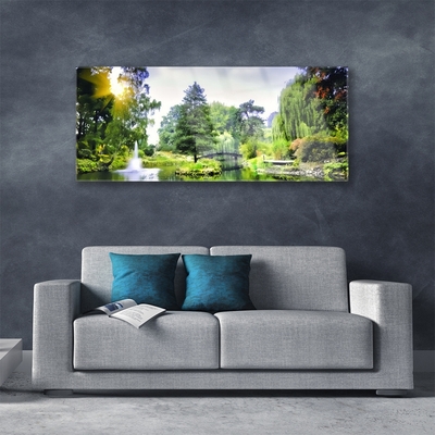 Glass Print Forest waterfall sun nature green yellow white