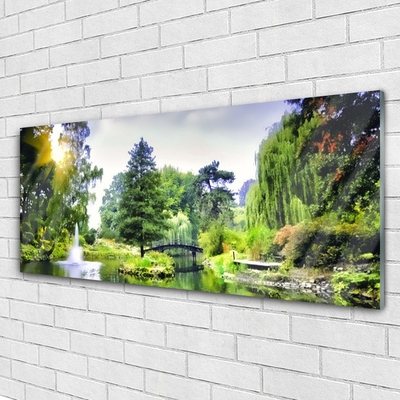 Glass Print Forest waterfall sun nature green yellow white