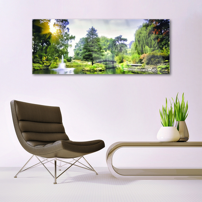 Glass Print Forest waterfall sun nature green yellow white