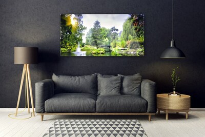 Glass Print Forest waterfall sun nature green yellow white