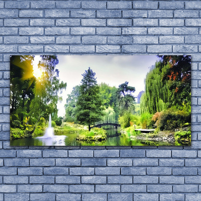 Glass Print Forest waterfall sun nature green yellow white
