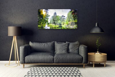 Glass Print Forest waterfall sun nature green yellow white