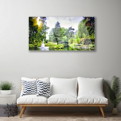 Glass Print Forest waterfall sun nature green yellow white