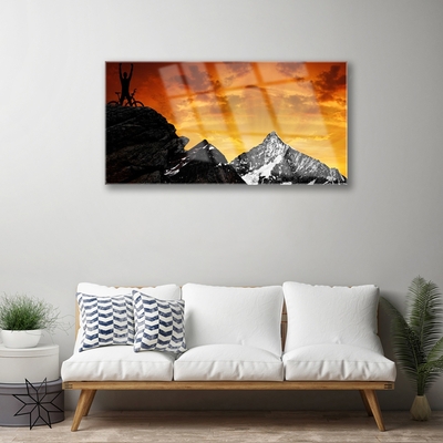 Glass Print Mountains landscape orange grey black