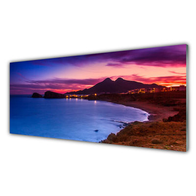 Glass Print Sea beach mountains landscape blue brown purple pink