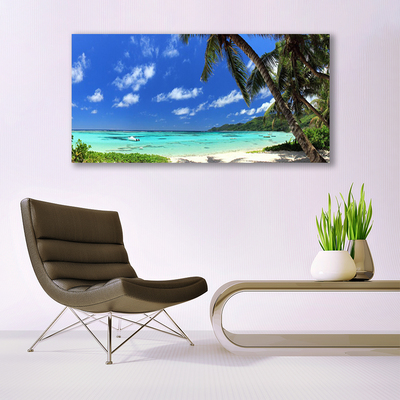 Glass Print Palm tree sea landscape blue green brown