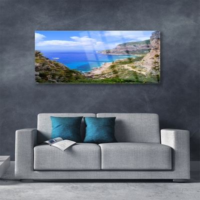 Glass Print Sea beach mountains landscape blue grey brown green