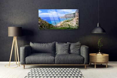 Glass Print Sea beach mountains landscape blue grey brown green