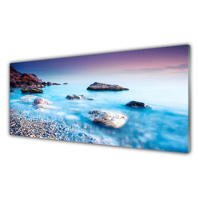 Glass Print Sea stones beach landscape blue grey pink