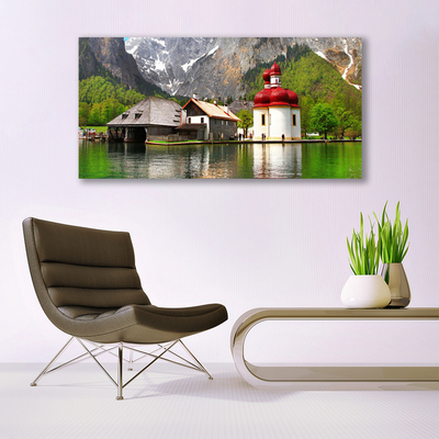 Glass Print Mountain tree home landscape grey green red brown