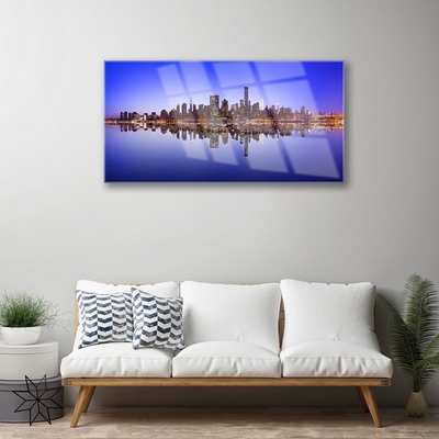 Glass Print City water houses blue brown white