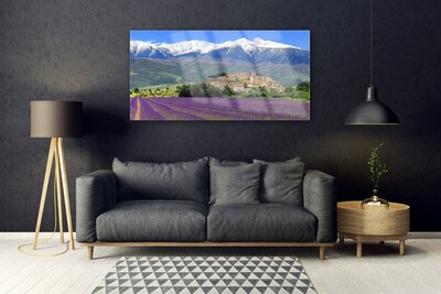 Glass Print Meadow flowers mountains landscape purple green blue white
