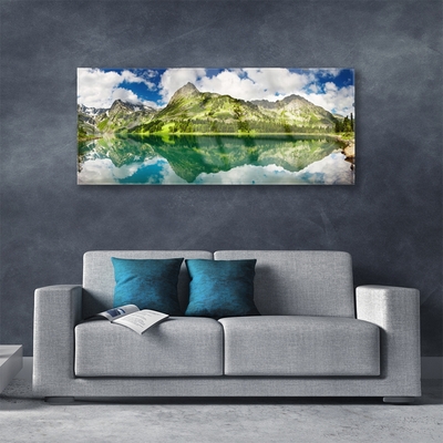 Glass Print Mountain lake landscape green grey blue