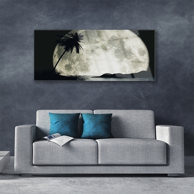 Glass Print Night moon palm landscape black grey white