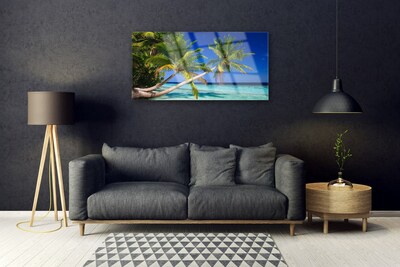 Glass Print Palm tree sea landscape green blue brown