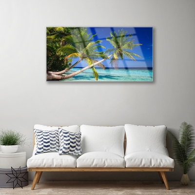Glass Print Palm tree sea landscape green blue brown
