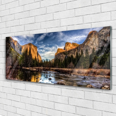 Glass Print Mountain forest lake nature green grey