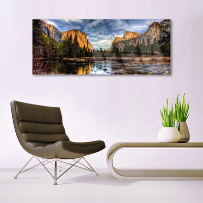 Glass Print Mountain forest lake nature green grey