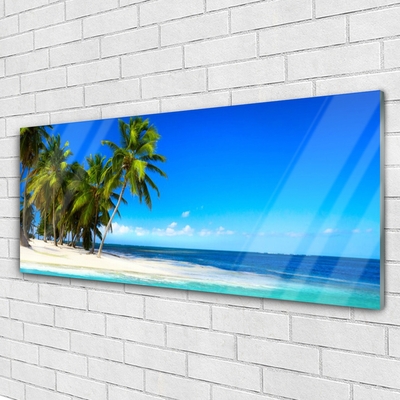 Glass Print Palm trees beach sea landscape white green blue