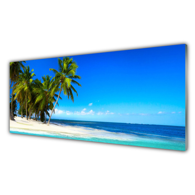 Glass Print Palm trees beach sea landscape white green blue