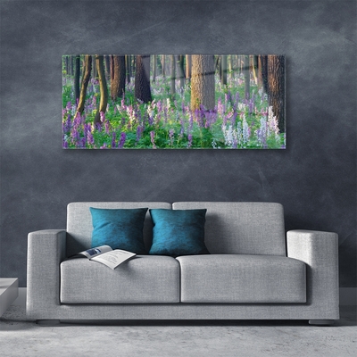 Glass Print Forest flowers nature purple green brown