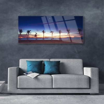 Glass Print Palm trees beach sea landscape brown blue