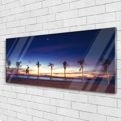 Glass Print Palm trees beach sea landscape brown blue