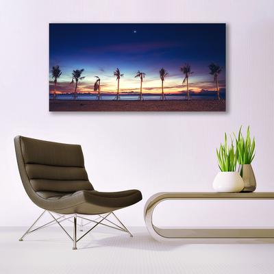 Glass Print Palm trees beach sea landscape brown blue