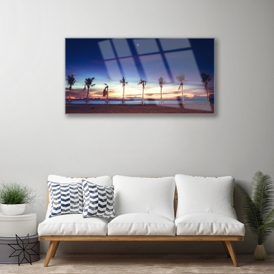 Glass Print Palm trees beach sea landscape brown blue