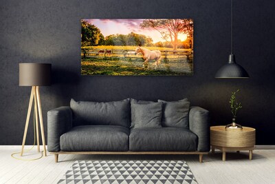 Glass Print Horse meadow animals green brown