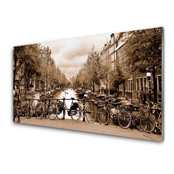 Glass Print River bicycles trees landscape green grey