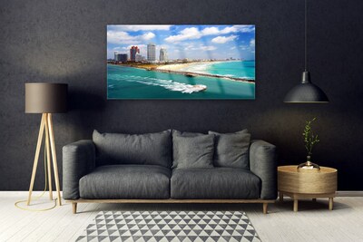 Glass Print Sea beach town landscape blue brown grey