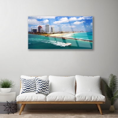 Glass Print Sea beach town landscape blue brown grey