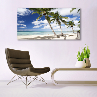 Glass Print Sea beach palm trees landscape blue brown green