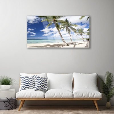 Glass Print Sea beach palm trees landscape blue brown green