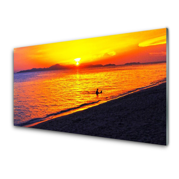 Glass Print Sea sun beach landscape yellow grey purple