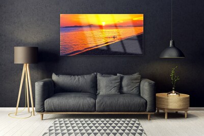 Glass Print Sea sun beach landscape yellow grey purple