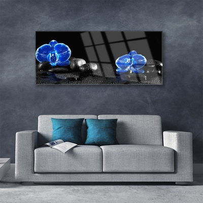 Glass Print Flower stones floral blue black