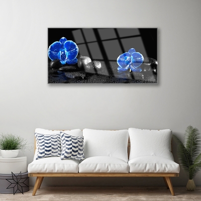 Glass Print Flower stones floral blue black