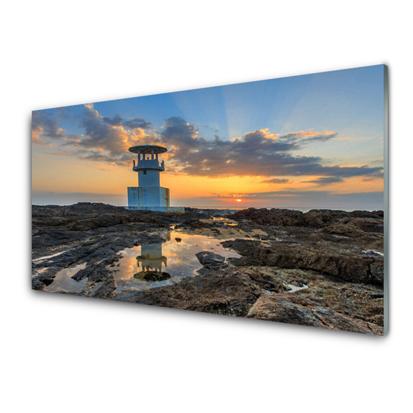 Glass Print Lighthouse landscape white grey