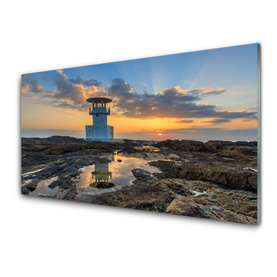 Glass Print Lighthouse landscape white grey