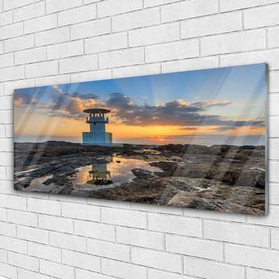 Glass Print Lighthouse landscape white grey