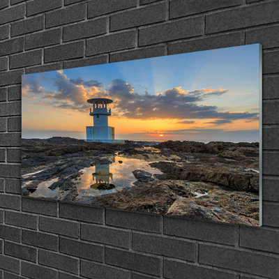 Glass Print Lighthouse landscape white grey