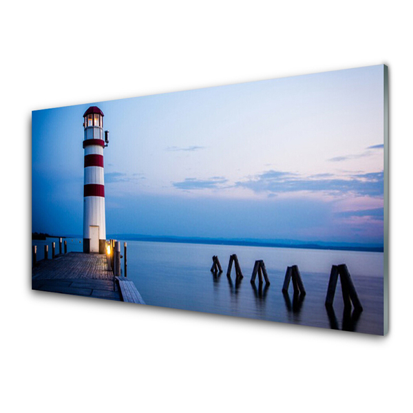 Glass Print Lighthouse sea architecture white red blue