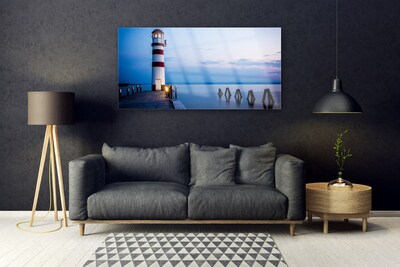 Glass Print Lighthouse sea architecture white red blue