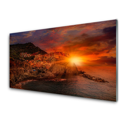 Glass Print Sea city sun landscape brown green yellow