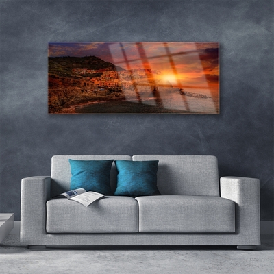 Glass Print Sea city sun landscape brown green yellow