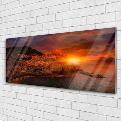 Glass Print Sea city sun landscape brown green yellow