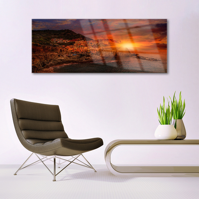 Glass Print Sea city sun landscape brown green yellow