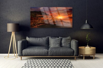 Glass Print Sea city sun landscape brown green yellow